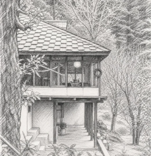 Pencil sketch of the Slowlife mountain lodge with balcony and surrounding trees