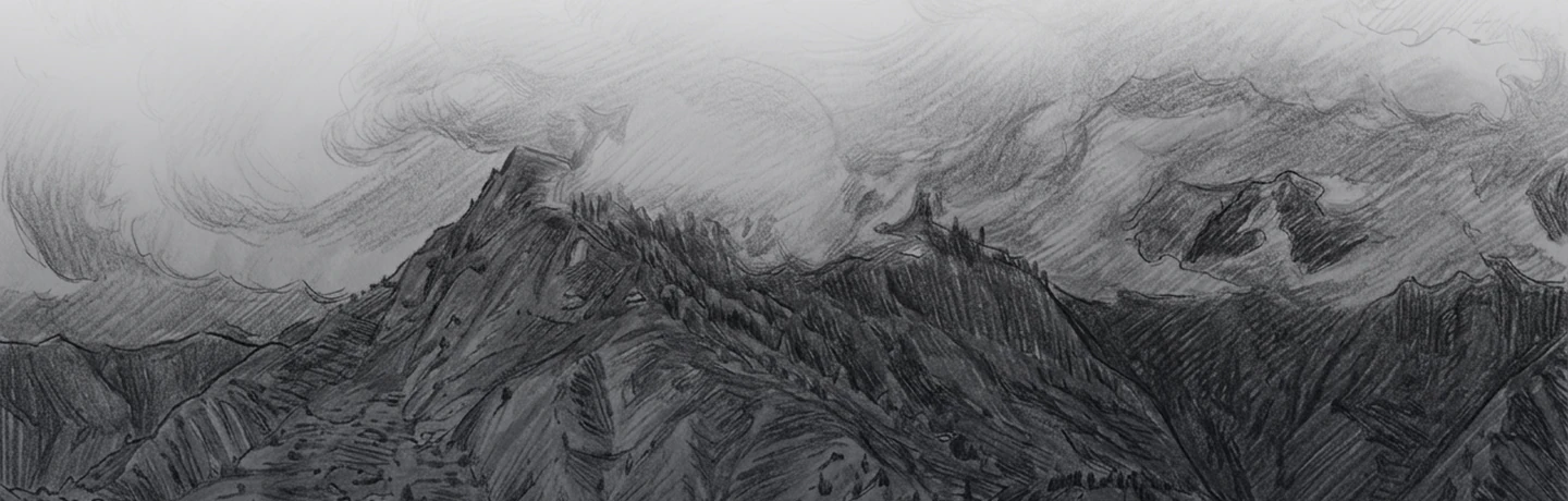 Hand-drawn mountain valleys and clouds