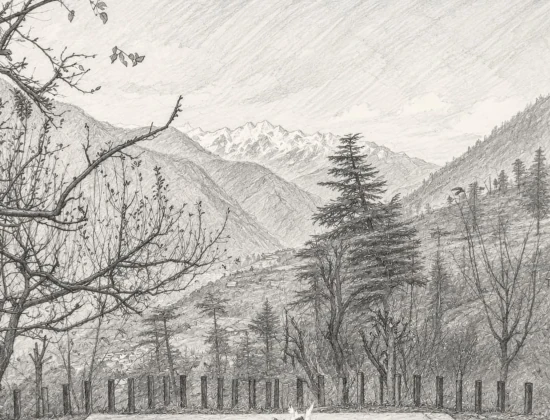 Mountain valley lined with tall pine and cedar trees