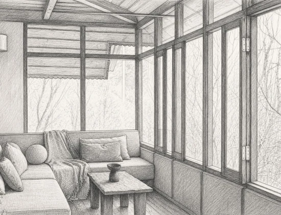 Quiet indoor corner with sofa and large windows overlooking the forest