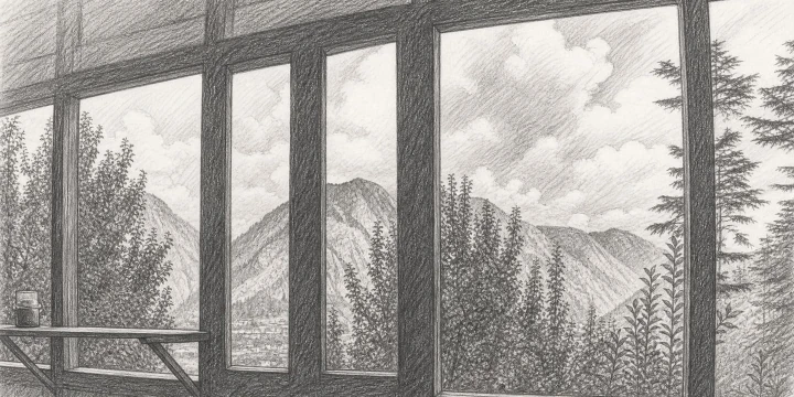 View through lodge windows toward mountains and evergreen trees