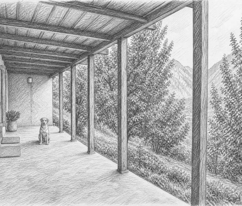 Sketch of a wooden porch with a dog looking out toward trees and mountains