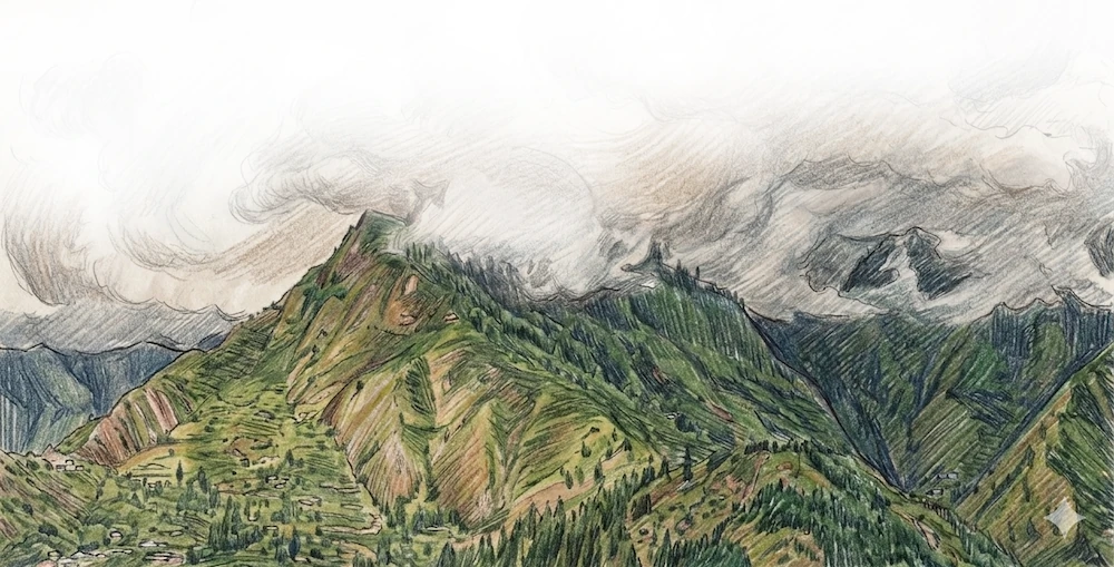 Hand-drawn mountain valleys and clouds
