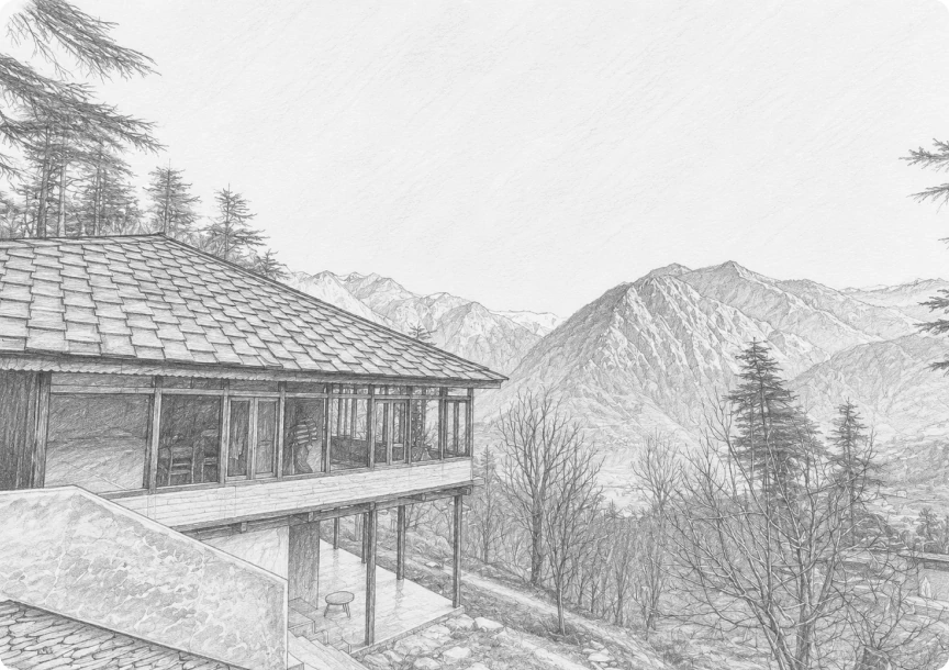 Wooden mountain cabin with a wrap-around porch in the snow