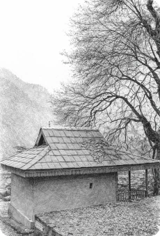 Small stone outbuilding with a gabled roof