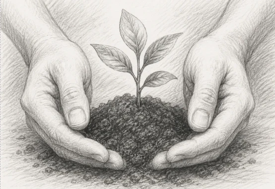 Hands cradling a small seedling in soil