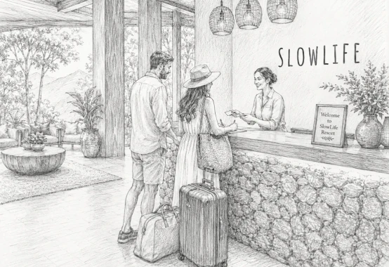 Guests checking in at the lodge reception
