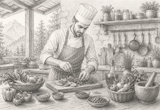 Chef preparing food in a rustic kitchen