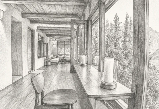 Long wooden table in a sunlit corridor looking out to the trees