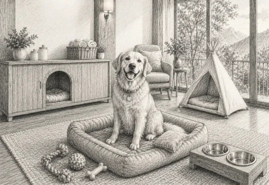 Friendly dog sitting on a bed beside a teepee-style pet bed