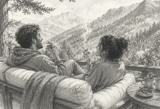 Guests sitting on a balcony couch overlooking mountain peaks