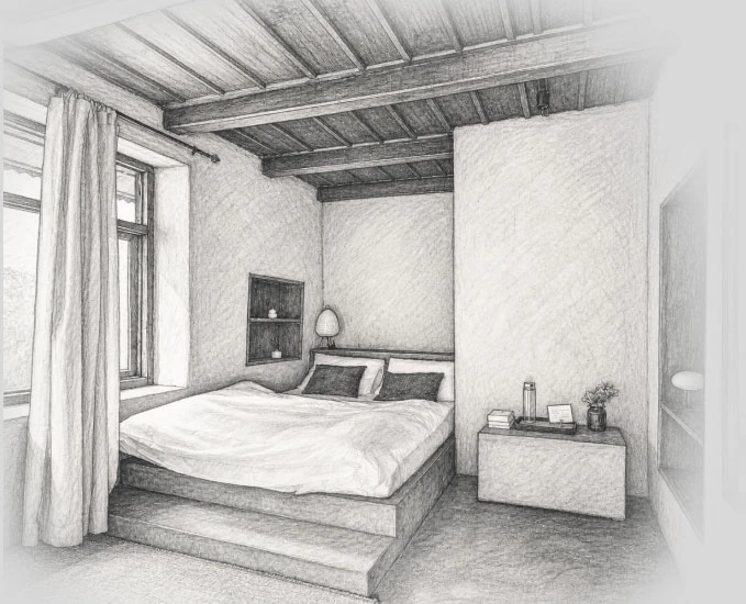 Minimalist bedroom with wooden beams and modern amenities