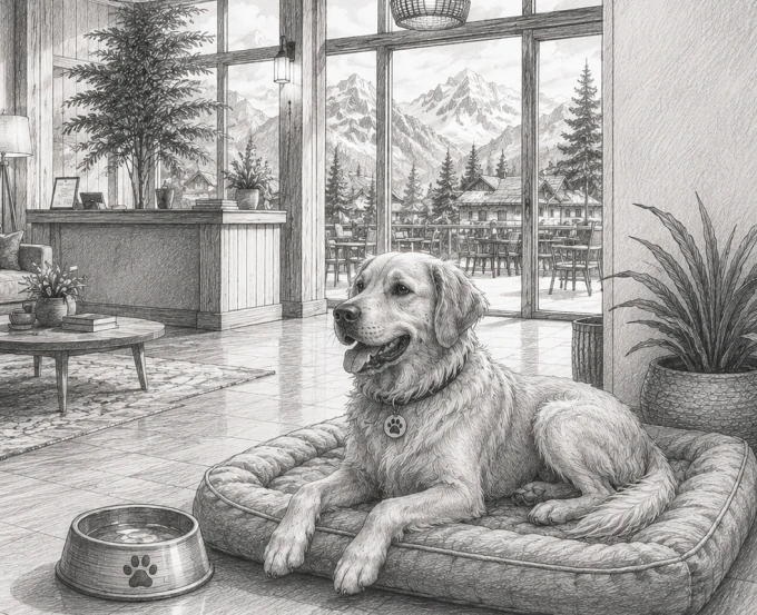 Golden retriever resting on a pet bed inside the lodge