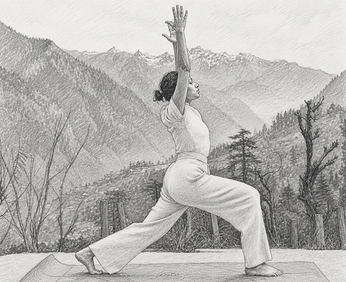 Woman practicing yoga with mountain landscape in the background